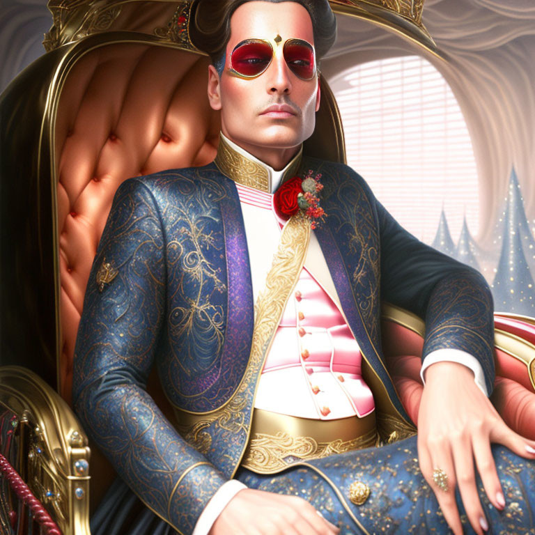 Regal Figure in Blue Suit with Gold Patterns on Golden Throne