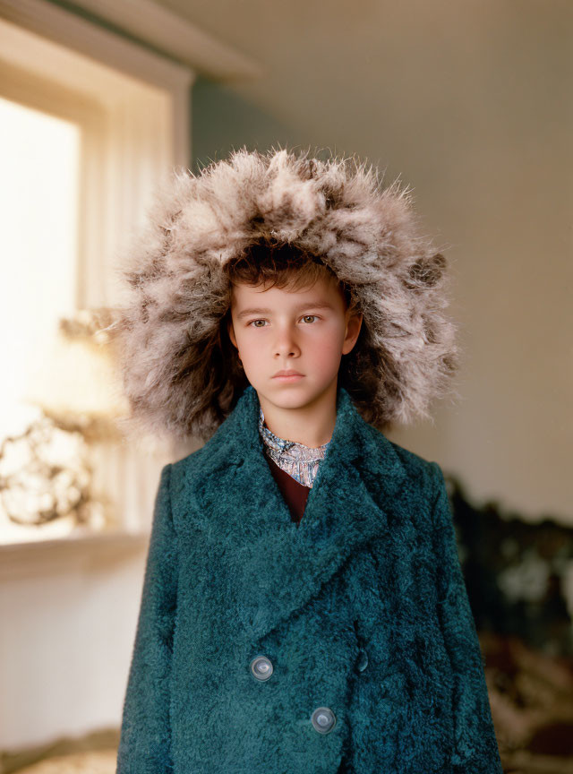 Child in furry hat and teal coat with shiny garment peeking out