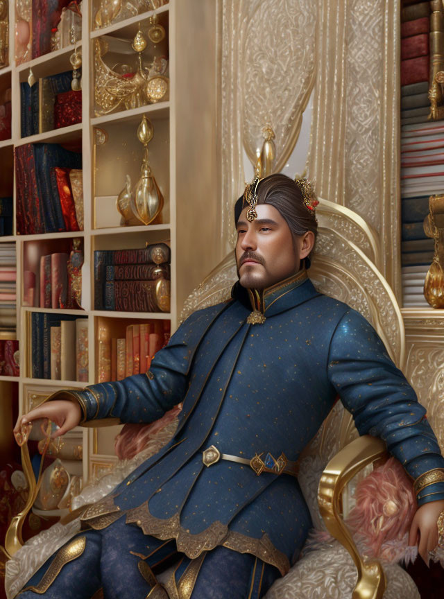 Regal man in ornate attire on throne with bookshelf and luxurious decor