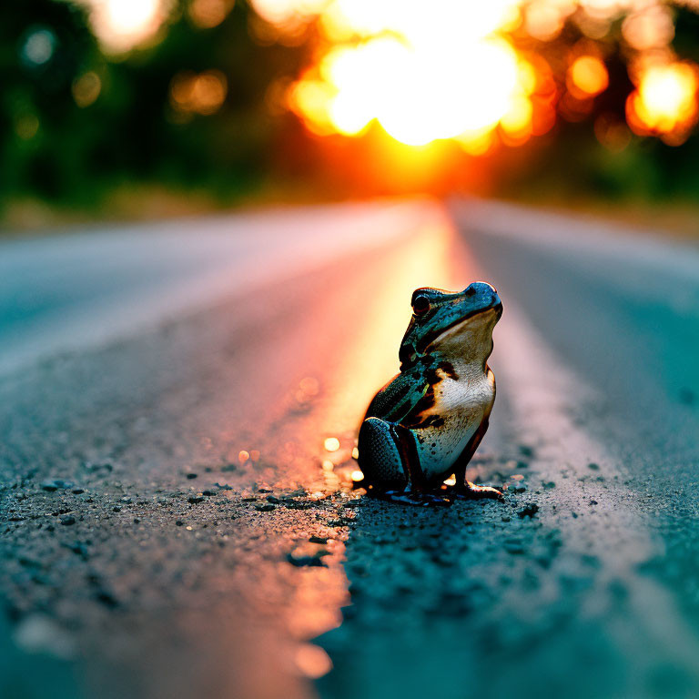 Sunset scene with frog on road casting long shadows