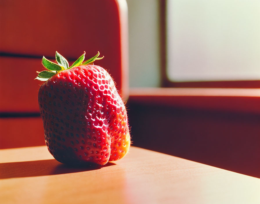 Ripe strawberry on wooden surface with red background and warm sunlight.
