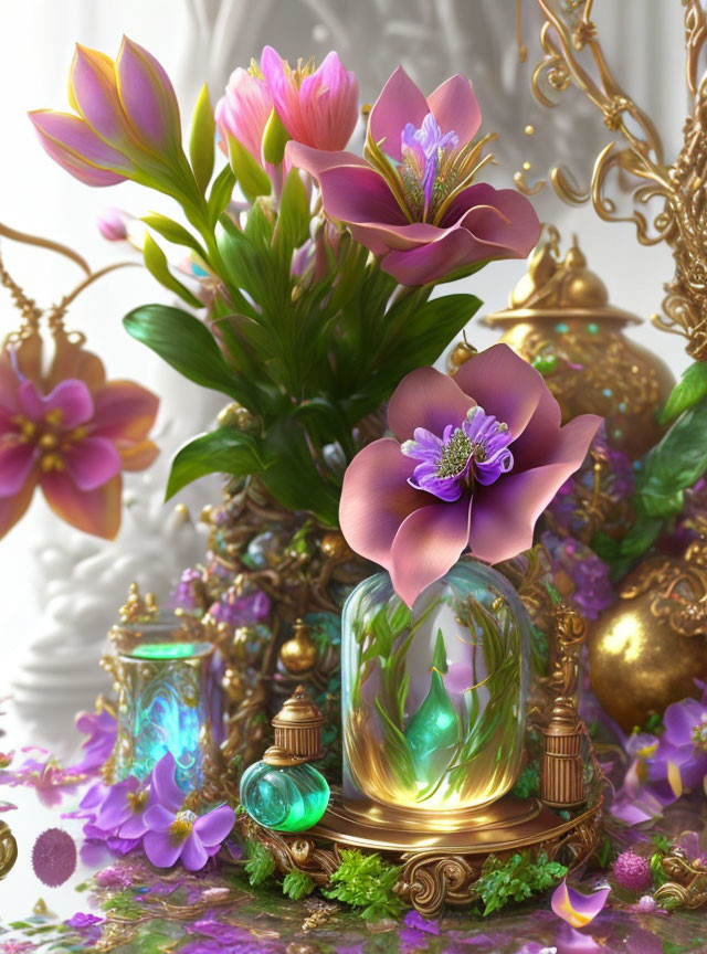 Colorful digital artwork: pink and purple flowers, green potion, golden fantasy elements