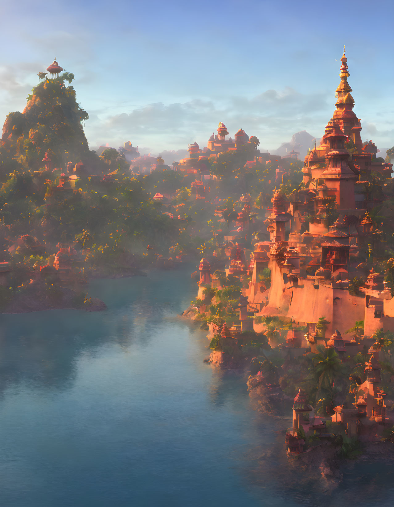 Mythical city with ornate temples and lush greenery at sunrise