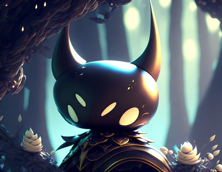 Character with Black Helmet and Horns in Mystical Forest with Light Beams