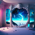 Futuristic room with large window, cosmic galaxy view, floating lamps, modern chair under pink and