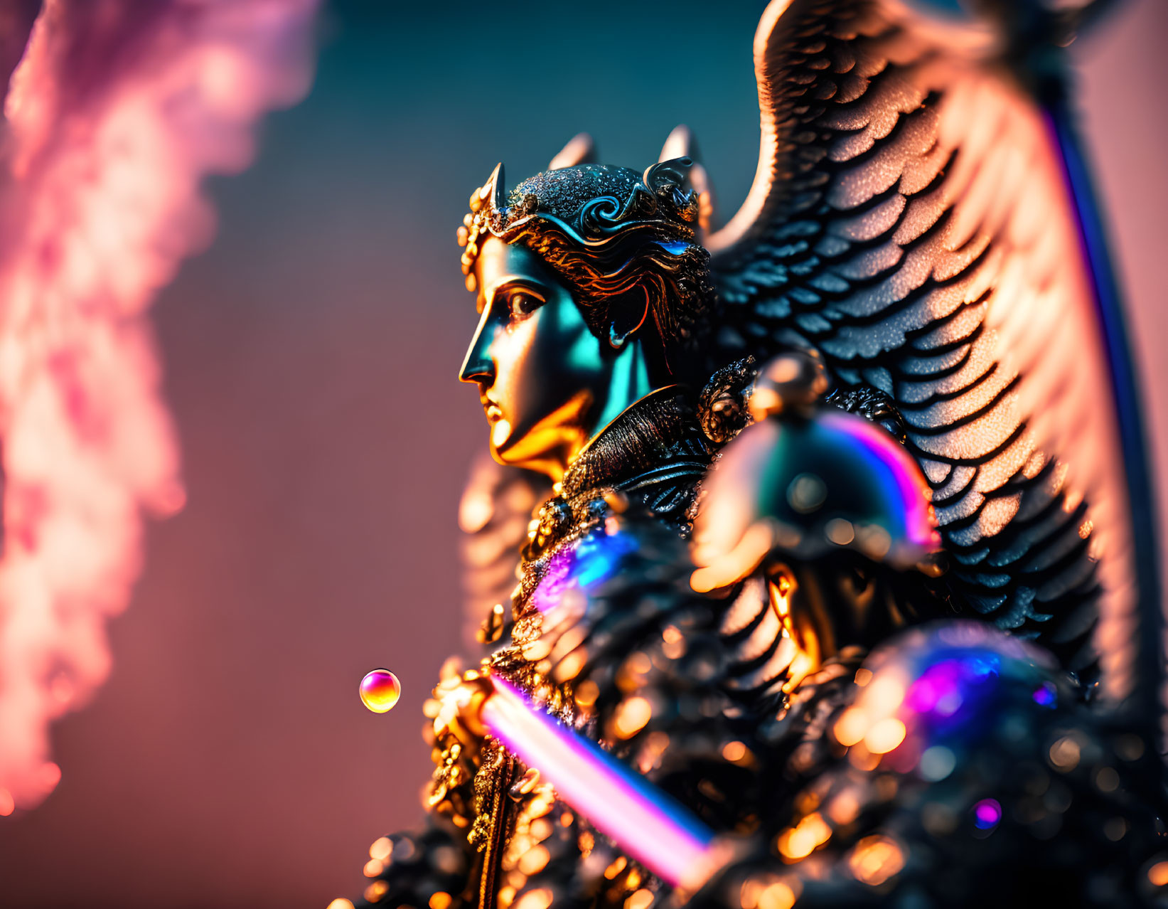 Colorful fantasy figurine with wings and armor on soft background