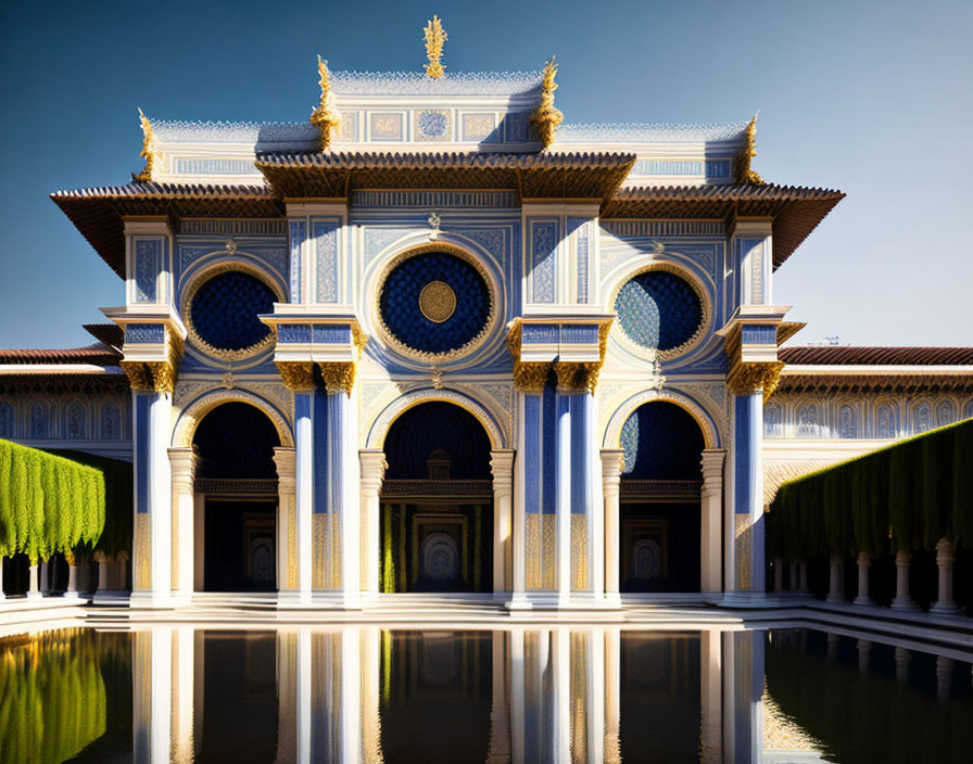 Symmetrical ornate building with elegant columns and blue-gold details