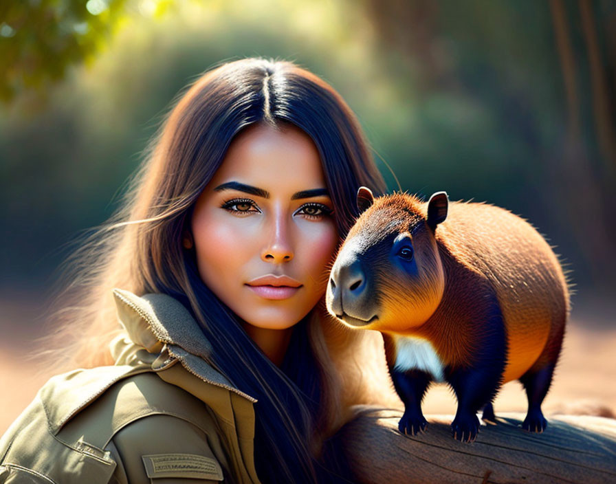 Woman with Striking Eyes Posing with Capybara in Natural Setting