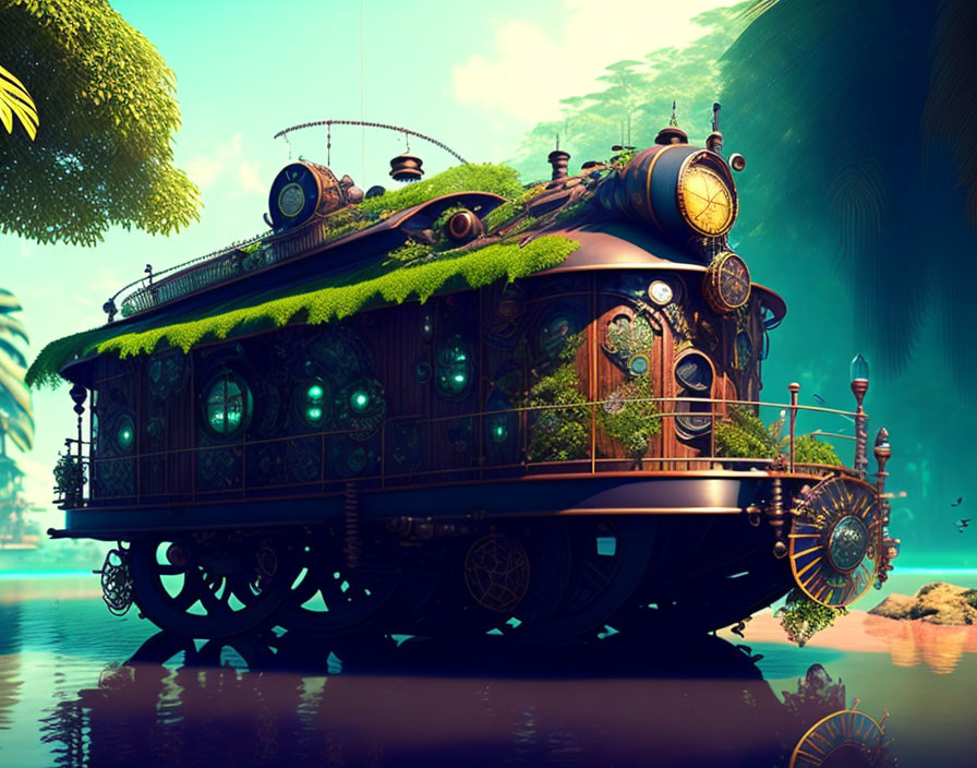 Steampunk-style tram with brass fixtures in lush tropical setting