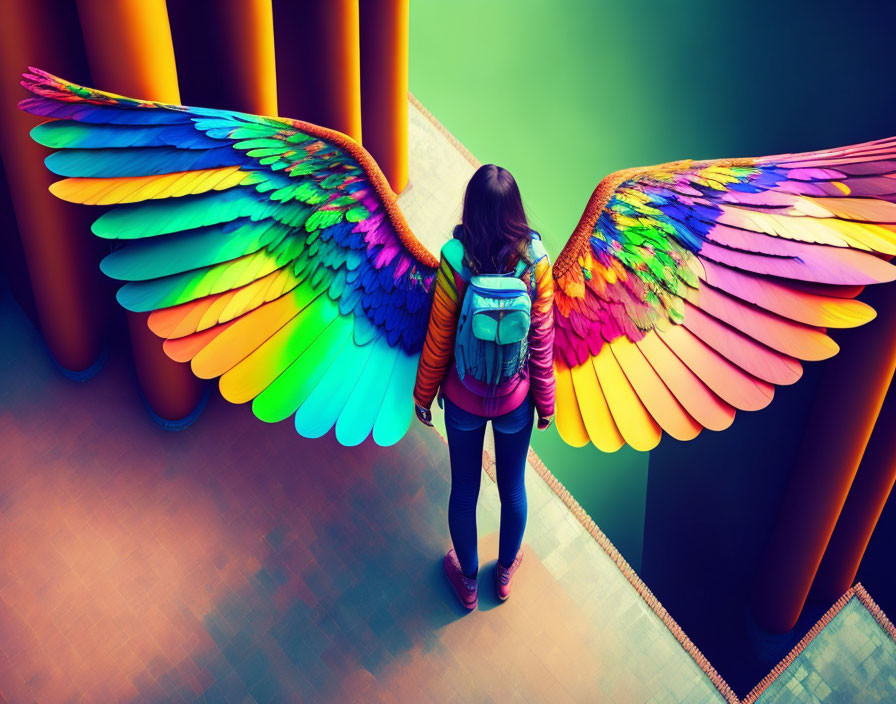 Colorful Winged Human Figure in Exhibition Space