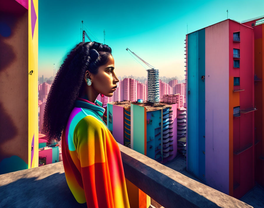 Woman on balcony with colorful cityscape and crane in background