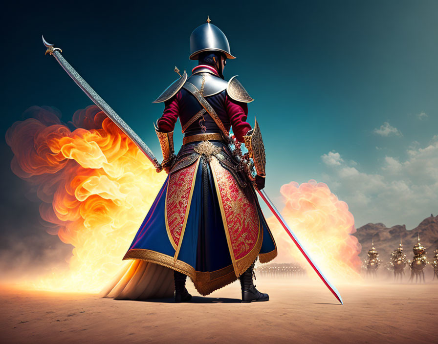 Medieval knight in shining armor with sword, shield, and lance against fiery clouds and distant army