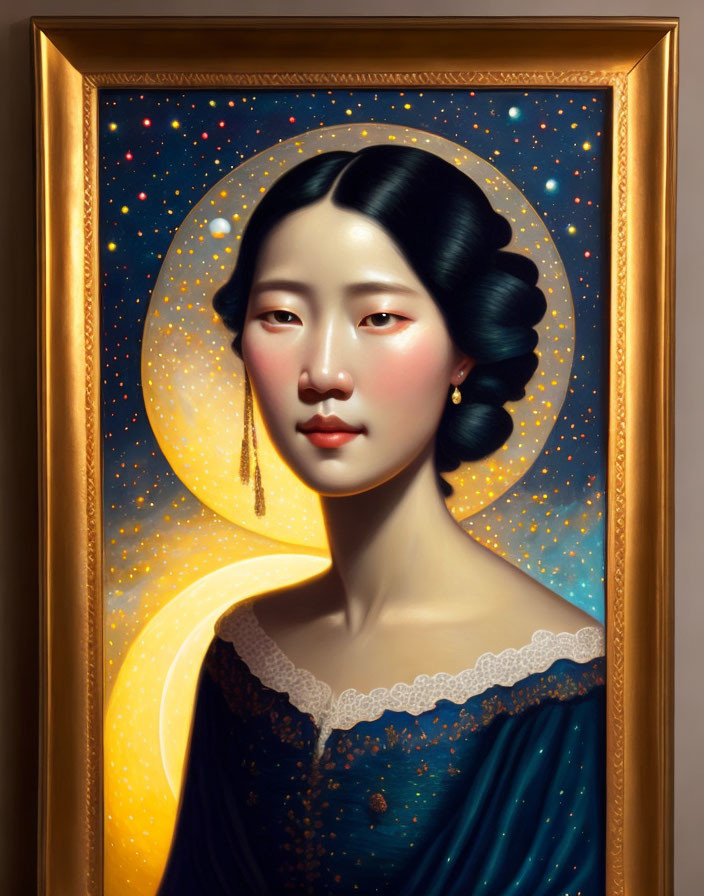 Portrait of Woman with Ethereal Night Sky and Stars Backdrop in Gold Frame