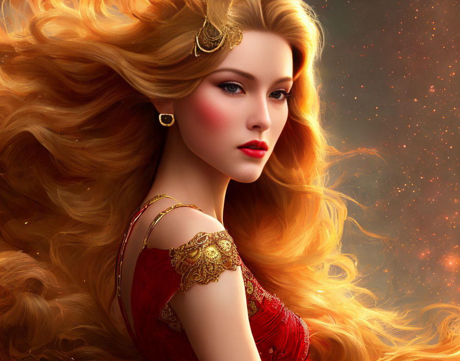 Fantasy digital artwork of a woman with golden hair and ornate gold headpiece