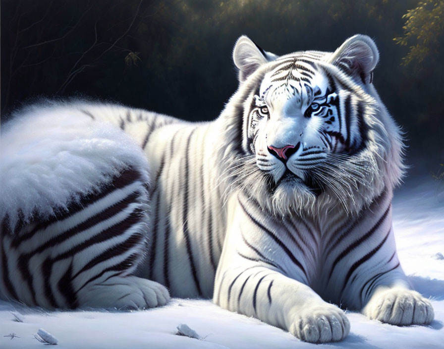 White Tiger with Blue Eyes Resting in Snowy Forest