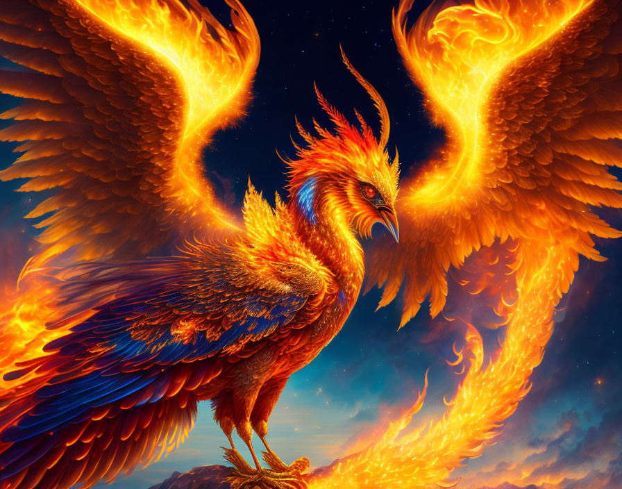 Majestic phoenix with fiery wings in vibrant sky