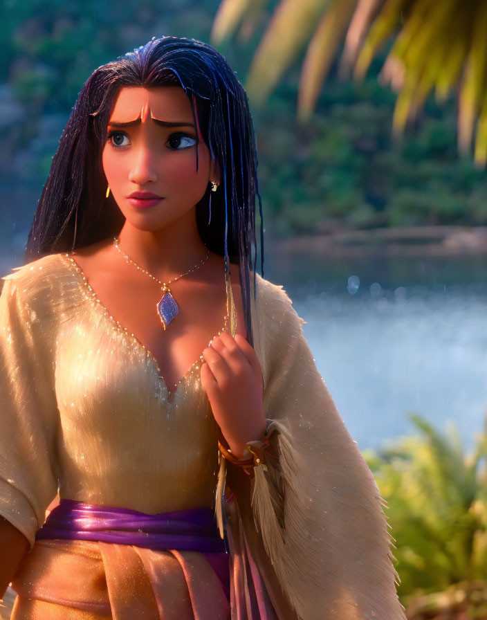Long black hair, yellow dress, purple sash, blue necklace female character in animation.