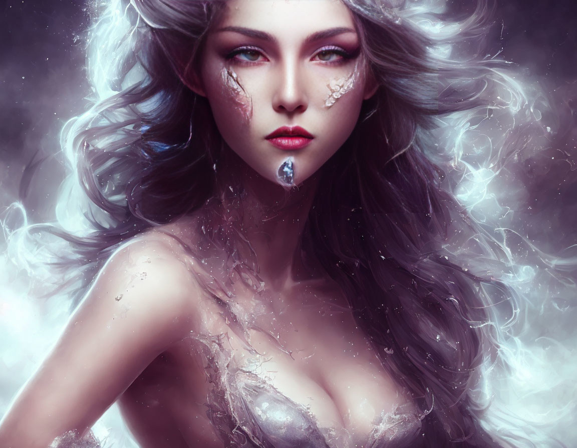 Ethereal fantasy portrait of a woman with flowing hair and crystal embellishments