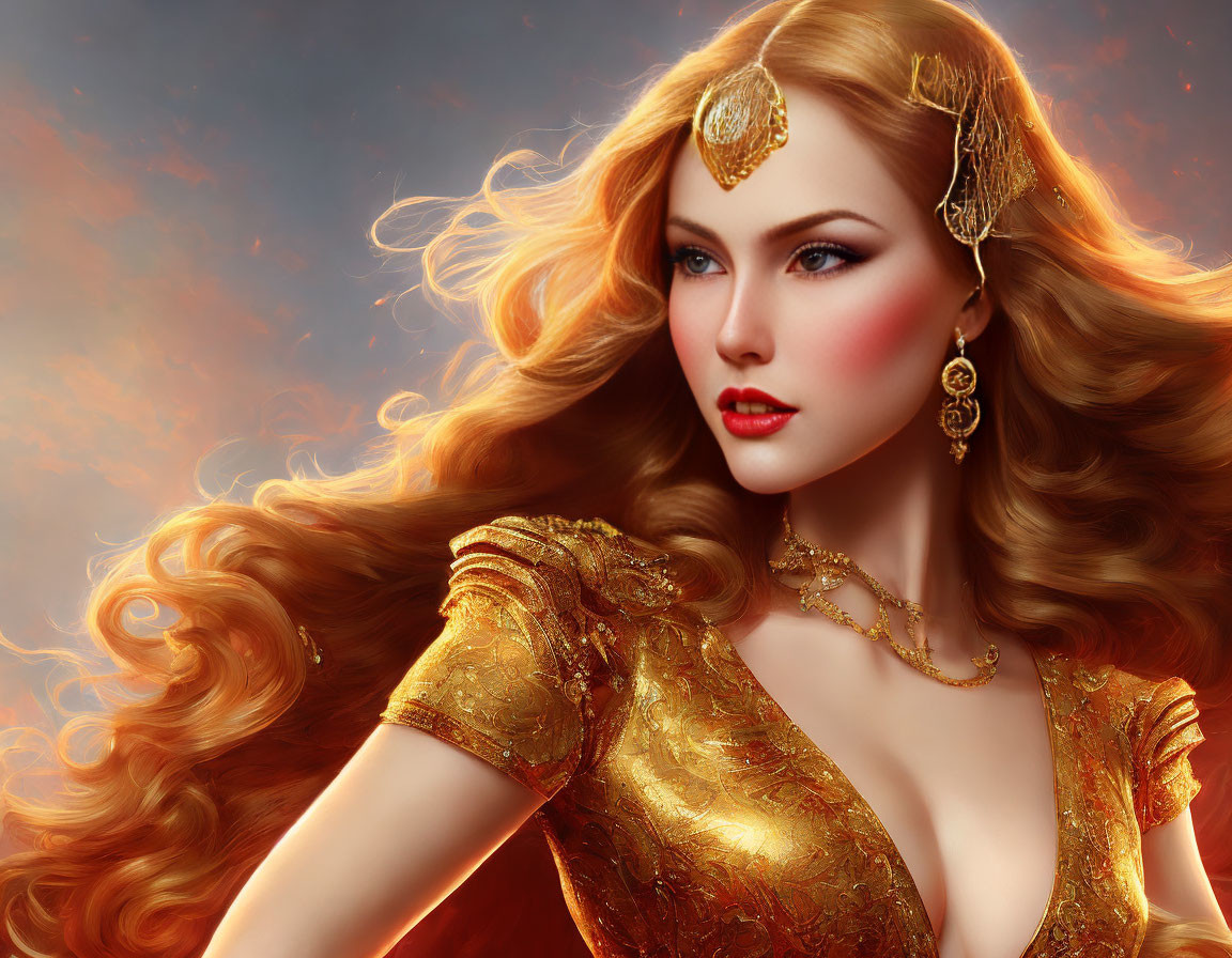 Golden-haired woman in ornate dress with intricate jewelry on fiery background
