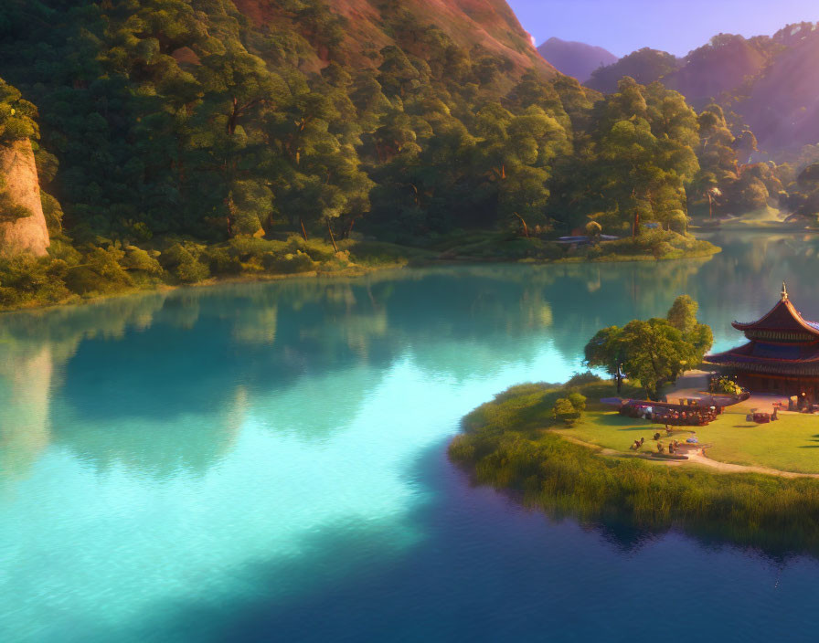 Tranquil lake with turquoise waters and pagoda in lush hills