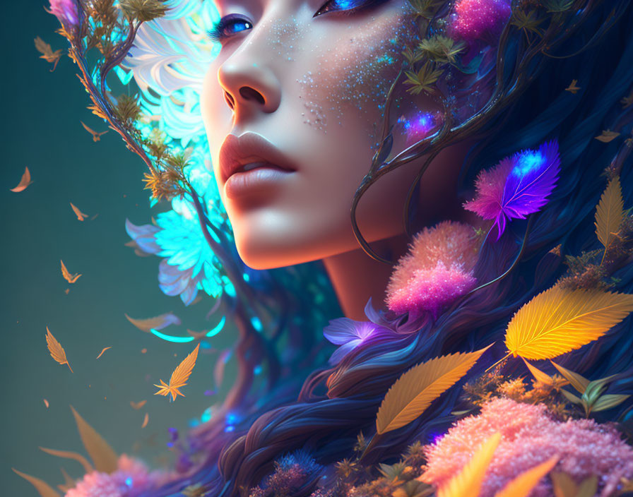 Colorful surreal portrait of a woman with feathers and flowers in her hair on teal background