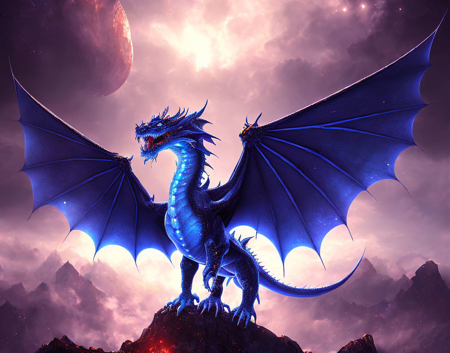 Blue dragon with expansive wings on mountain peaks under red moon