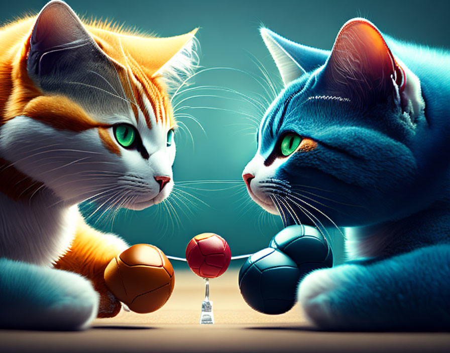 Vividly colored digital artwork: Two stylized cats face off with colorful dumbbells