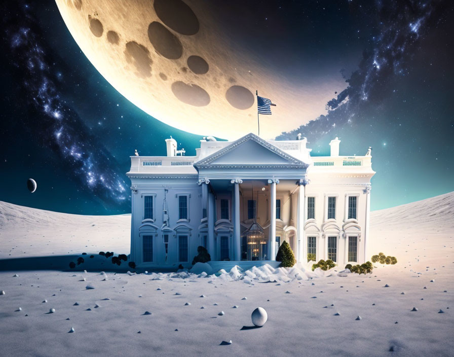 Surreal image of White House under moon and stars on snowy alien landscape