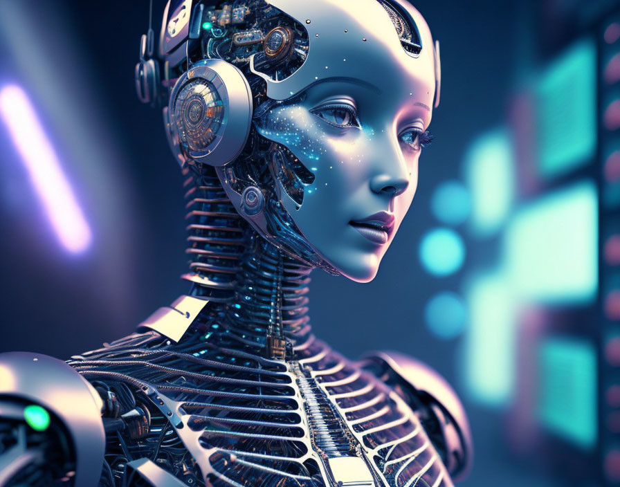 Detailed Futuristic Female Android with Cybernetic Parts and Glowing Blue Lights