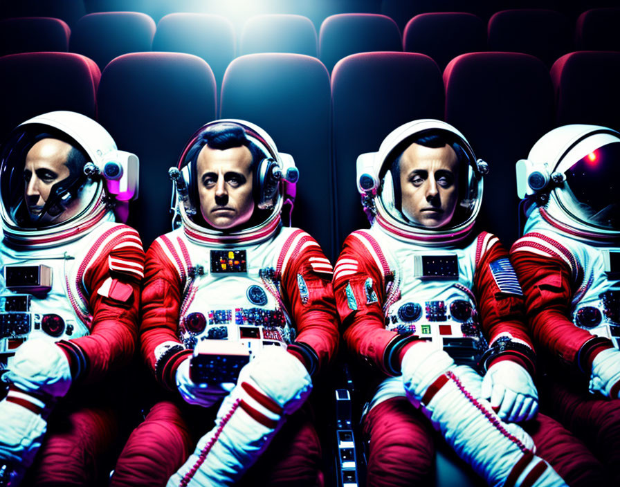 Four Astronauts in Red and White Suits in Dark Cinema Theater