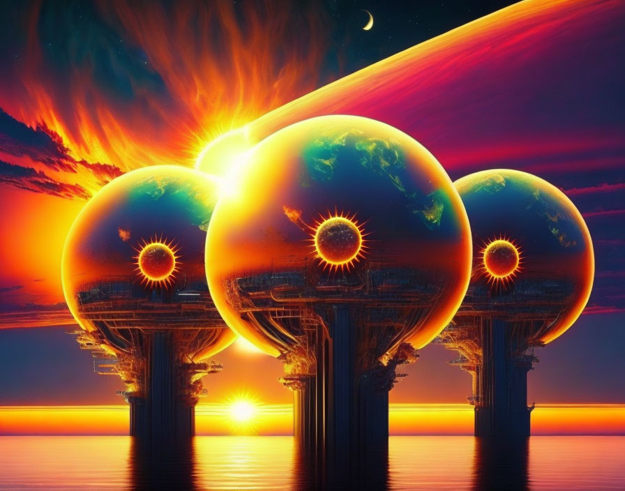 Three Earth-like planets with ornate structures above sea under sunrise.