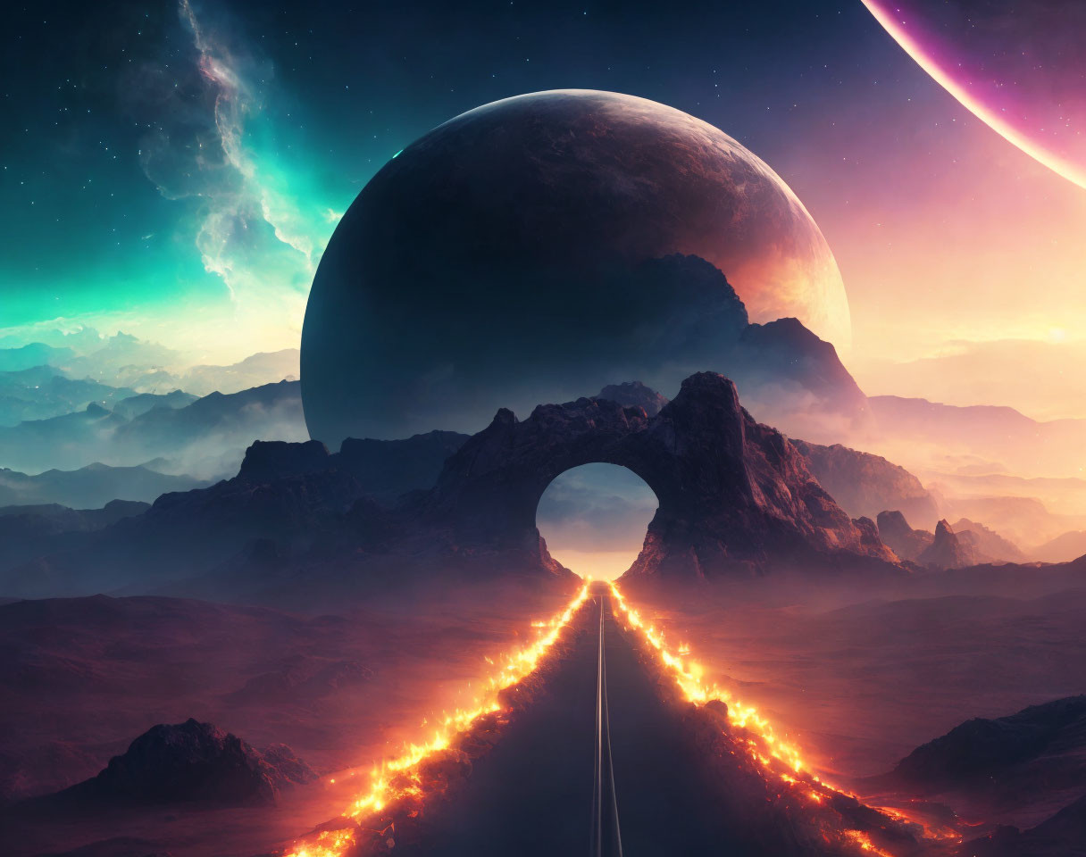 Surreal landscape with road, rock formation, planet, and starry sky