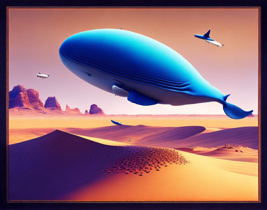 Giant blue whale and planes in surreal desert landscape under purple sky