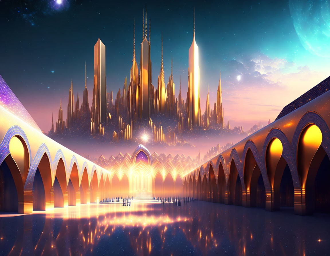 Futuristic cityscape at twilight with towering spires and arched structures