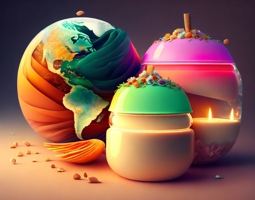 Colorful Artistic Spheres with Textured Globes and Food Elements