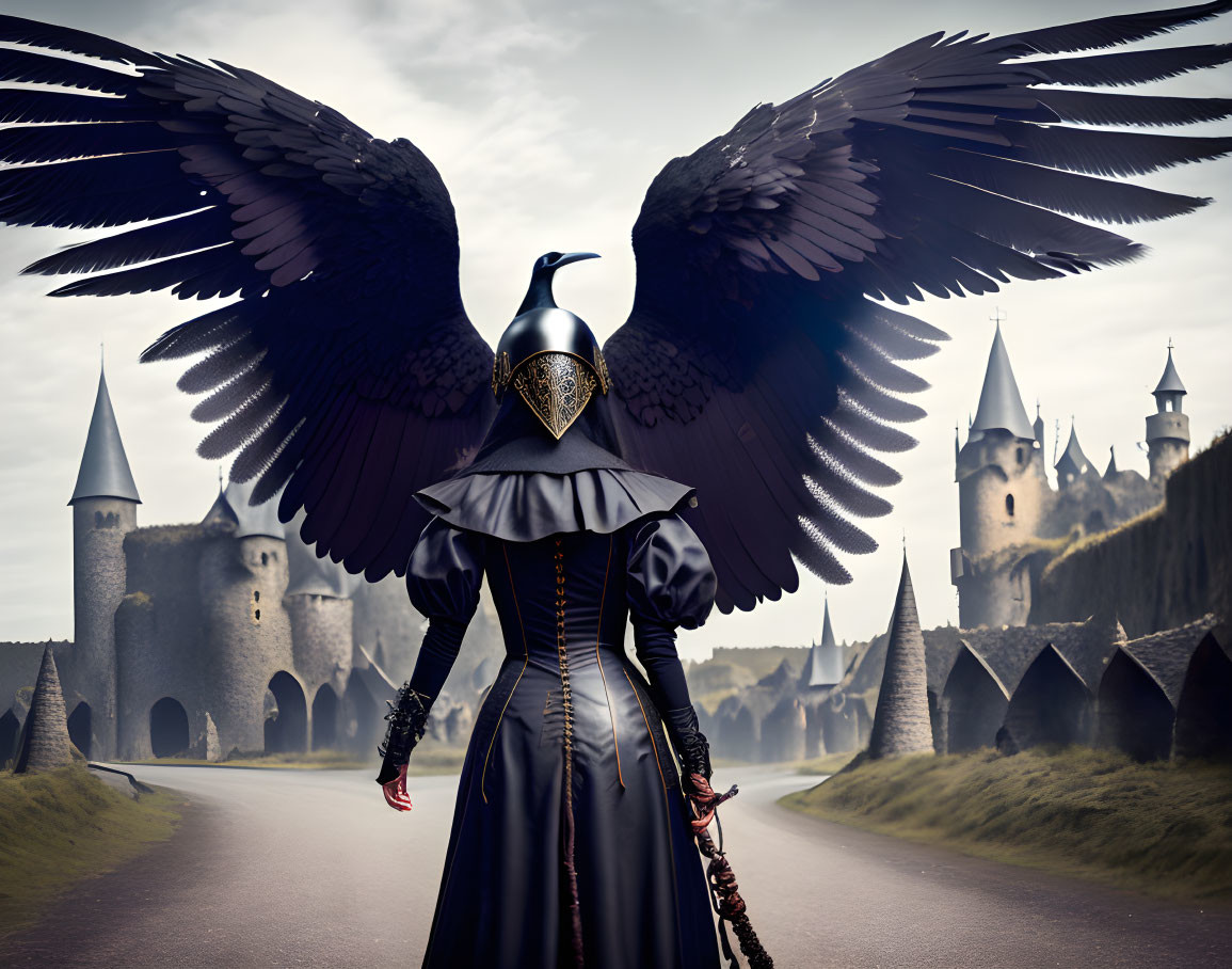 Medieval armor figure with large black wings on path to castle