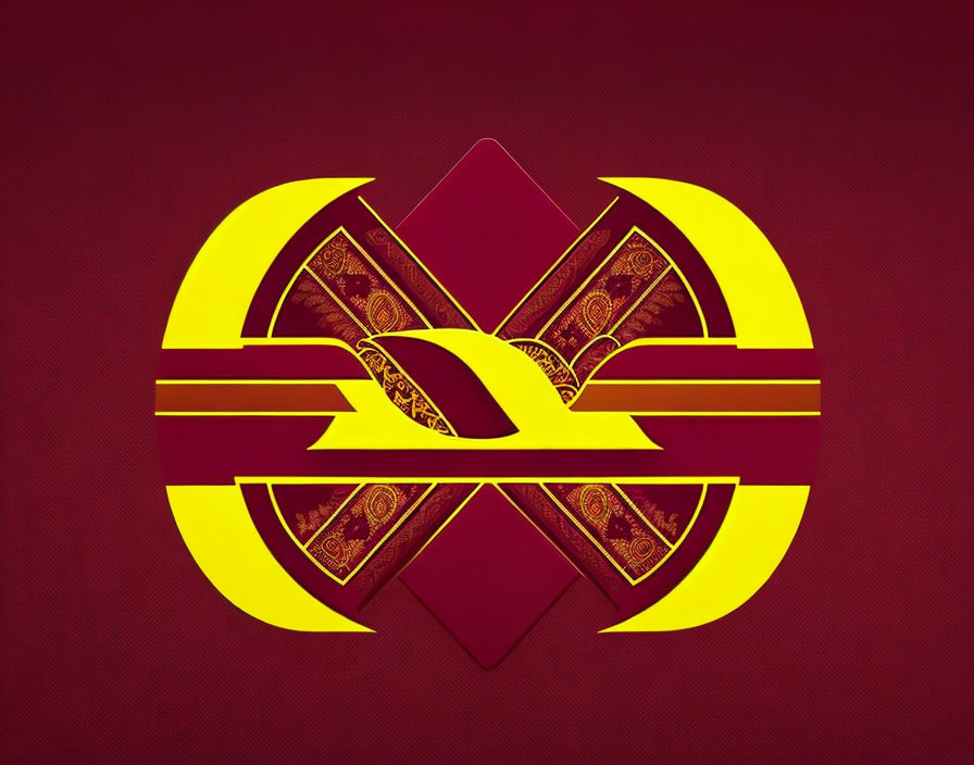 Yellow Emblem with Mirrored Decorative Elements on Crimson Background
