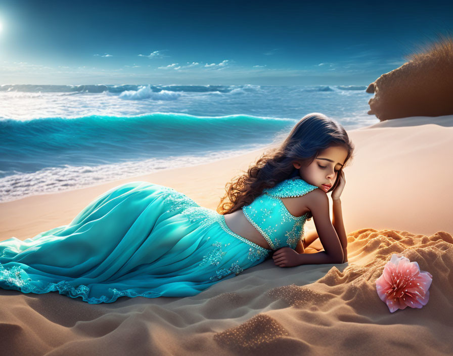 Girl in Blue Dress Relaxing on Sandy Beach with Pink Shell and Gentle Waves
