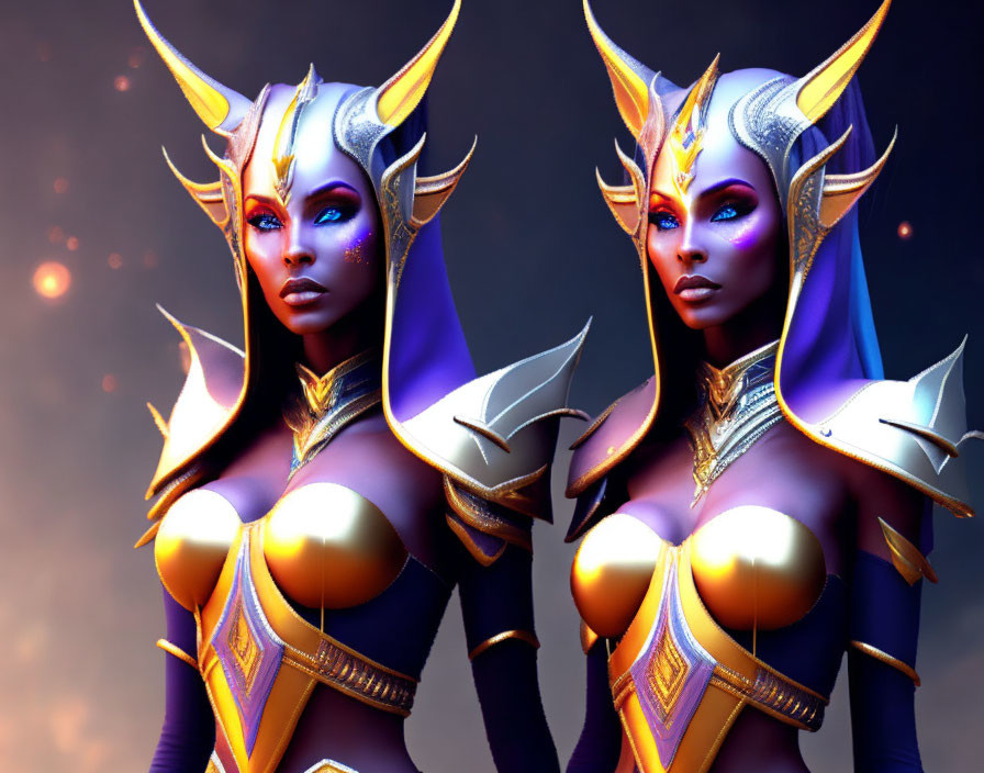 Identical female fantasy characters in blue skin and golden armor on warm background