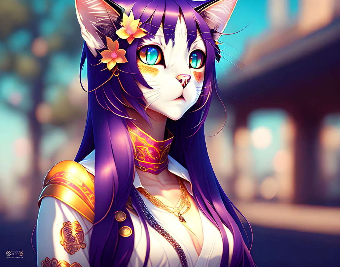 Detailed Anthropomorphic Cat Girl Illustration in Ornate Traditional Attire