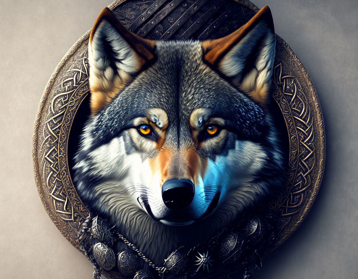 Detailed digital artwork: Wolf's head with piercing eyes on ornate backdrop