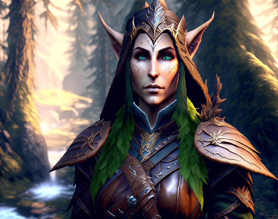 Elf digital artwork: sharp-eared figure in leaf armor, green eyes, mystical forest.
