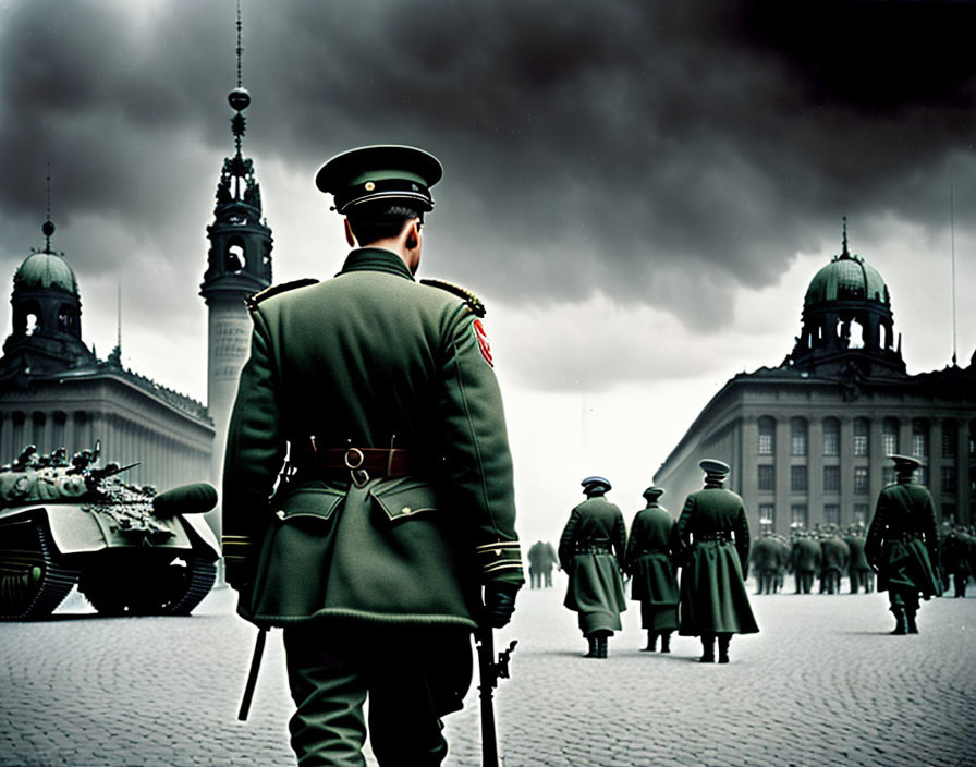 Military parade under dark cloudy sky featuring soldier in green uniform