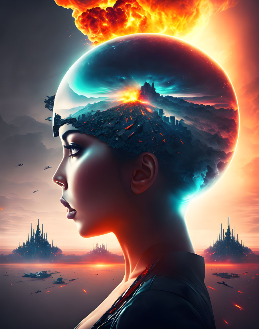 Silhouette of woman with futuristic cityscape, volcano, and exploding planet in dramatic sky