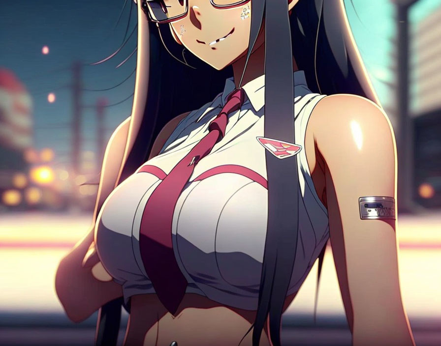 Animated character in glasses with school uniform and tie smiling confidently at dusk