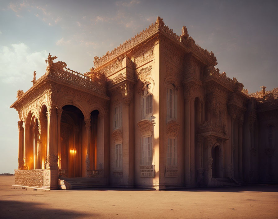 Elaborately carved classical building in warm sunlight