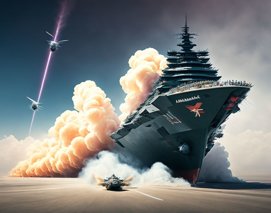Futuristic oversized battleship launching aircraft in surreal sky