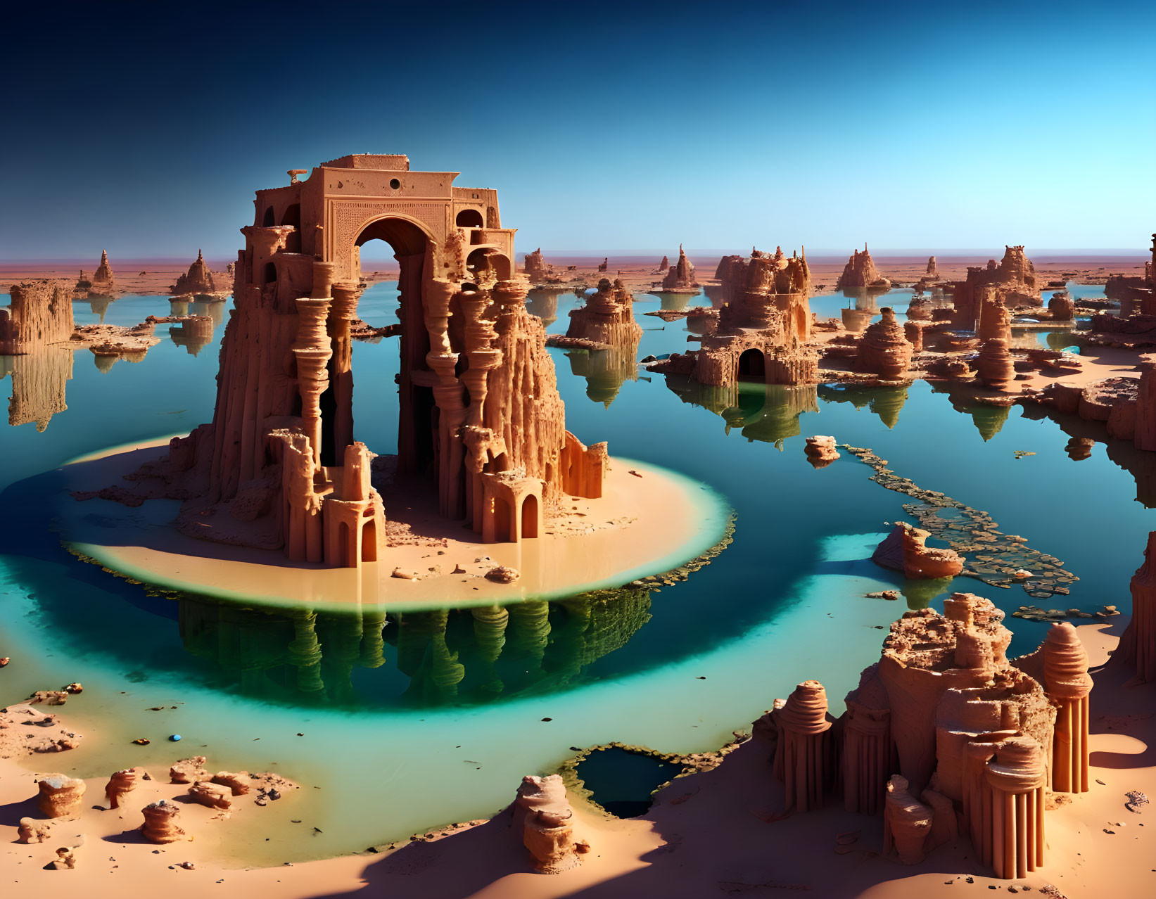 Surreal desert landscape with sandstone towers and oasis under clear blue sky