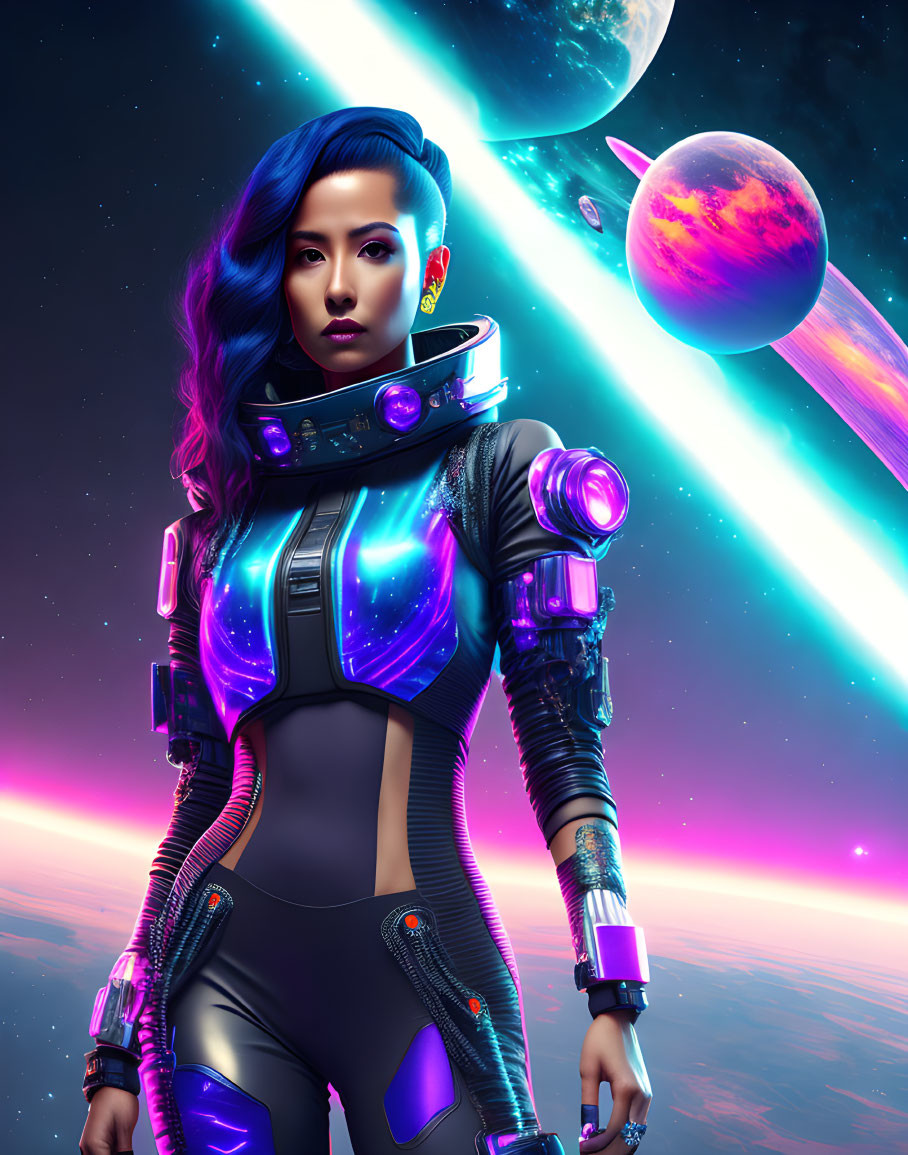 Female astronaut with blue hair in futuristic space setting with neon lights, planet, and comet.