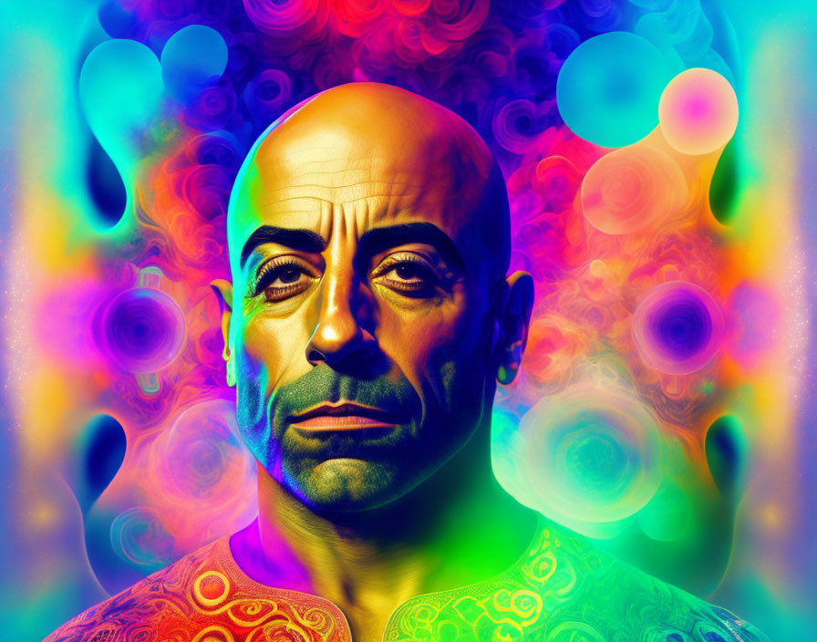 Colorful portrait of bald man in serious expression with psychedelic patterns.